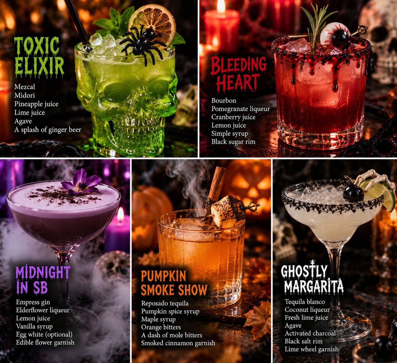 Halloween cocktail ideas board with five seasonal drinks